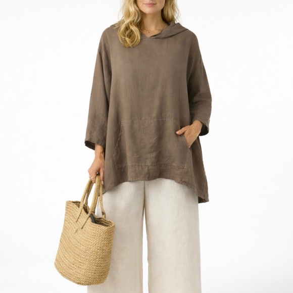 bryn Walker Tops - BRYN WALKER Brown 100% Linen Tunic Hoodie Oversized Lagenlook Art Wear Boho | M